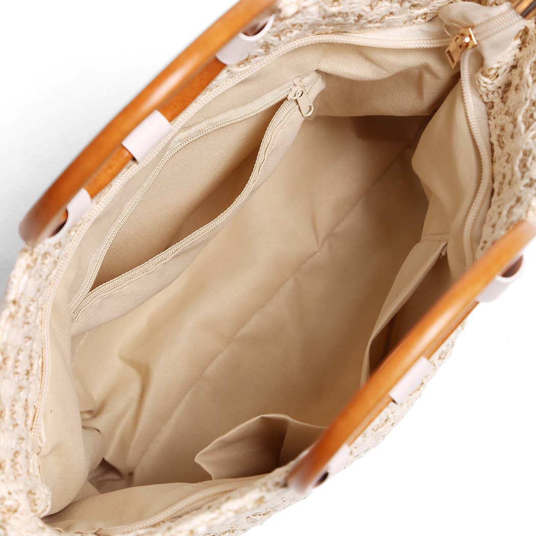 Wooden Round Handle Straw Tote Bag: Black / One Size