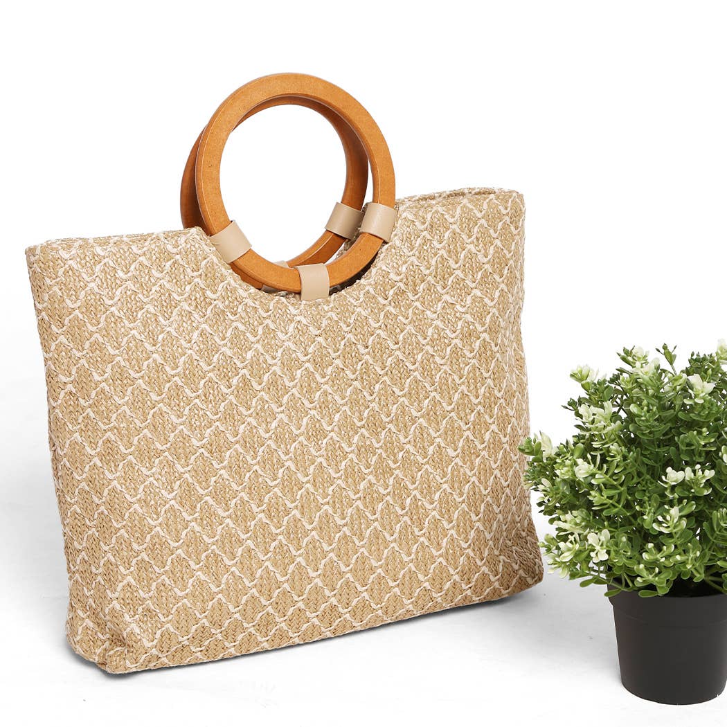 Wooden Round Handle Straw Tote Bag: Black / One Size