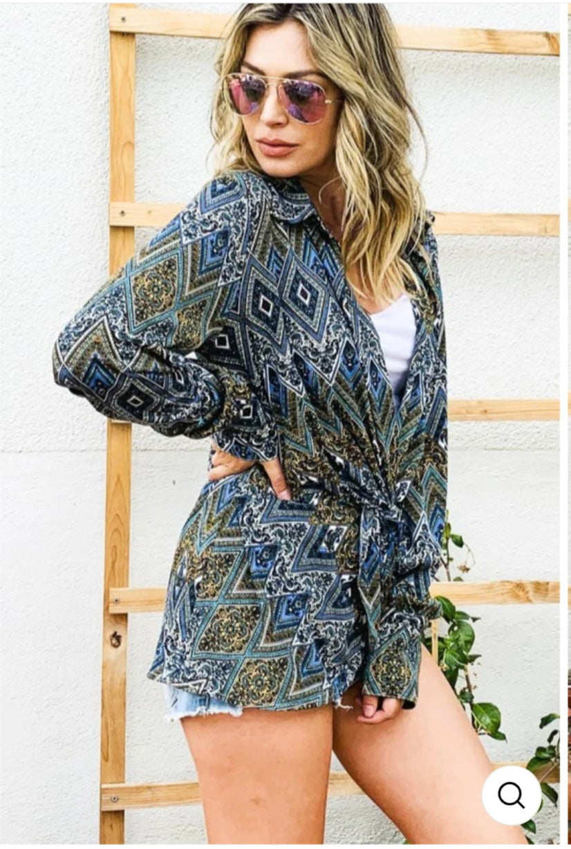 Aztec Print Twist Knot Blouse- In House
