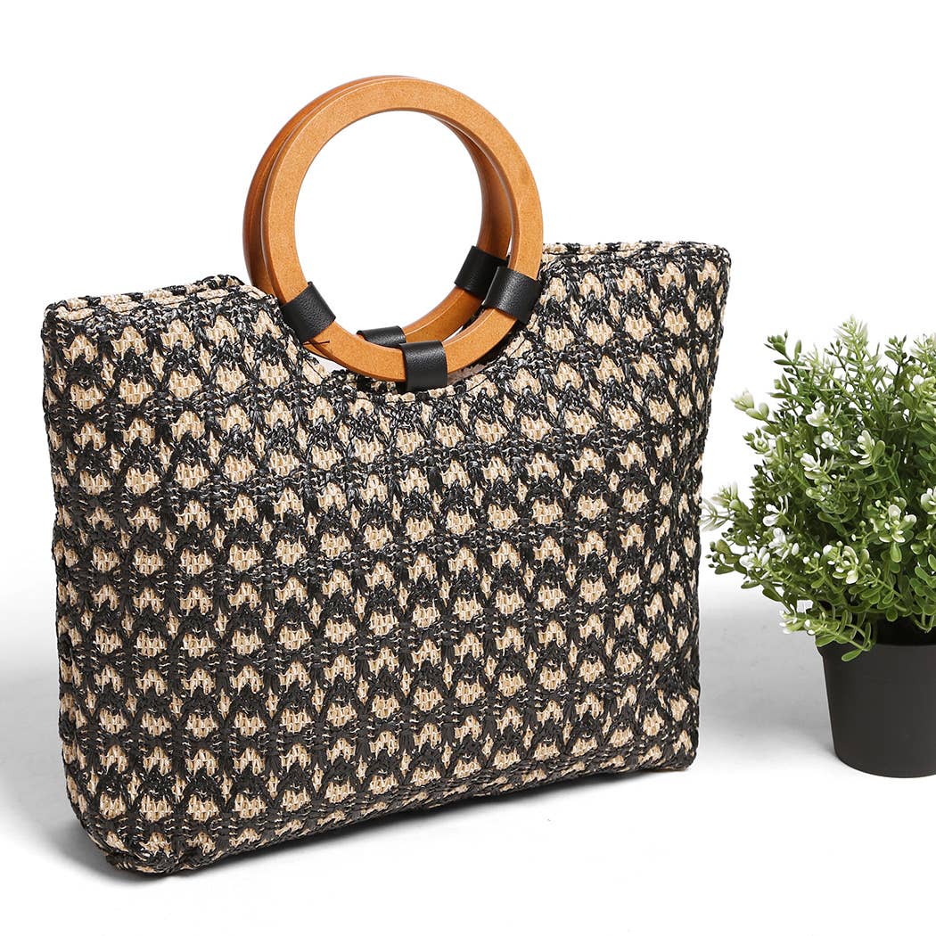 Wooden Round Handle Straw Tote Bag: Black / One Size