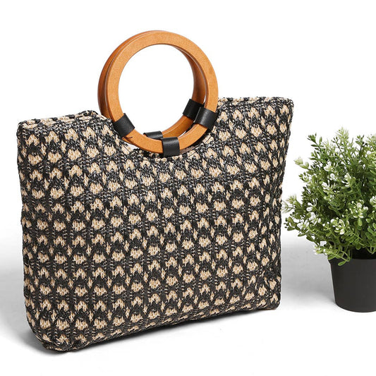 Wooden Round Handle Straw Tote Bag: Black / One Size