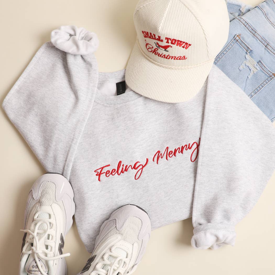 FEELING MERRY Embroidered Fleece Heavyweight Sweatshirt: SAND / M