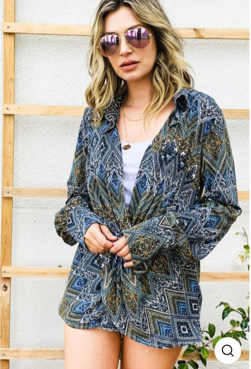 Aztec Print Twist Knot Blouse- In House