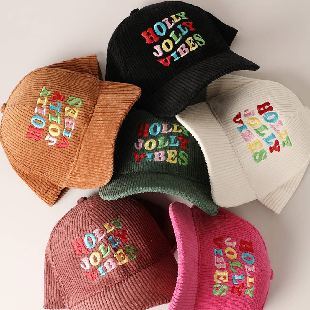 Holly Jolly Vibes Embroidery Corduroy Cap: OFF WHITE / ONESIZE