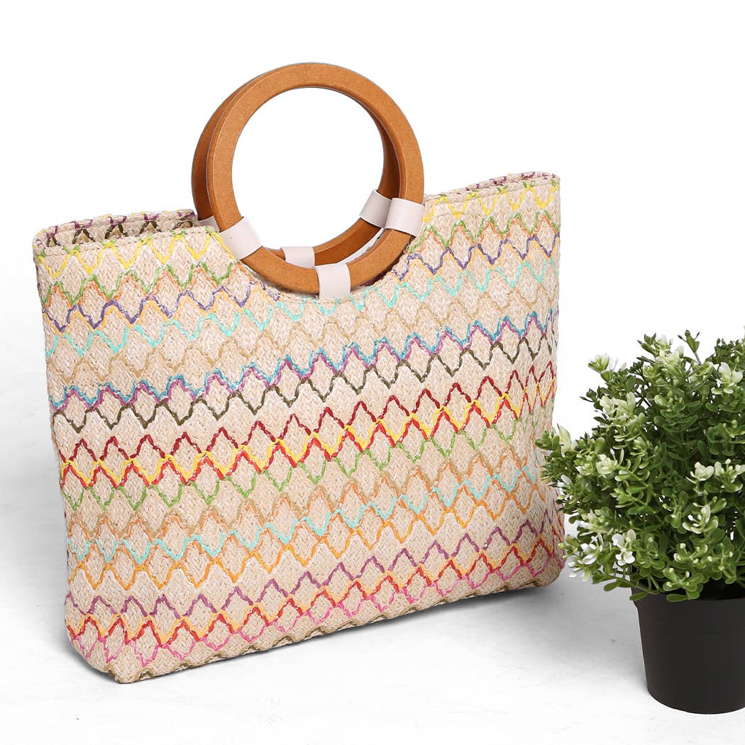 Wooden Round Handle Straw Tote Bag: Black / One Size