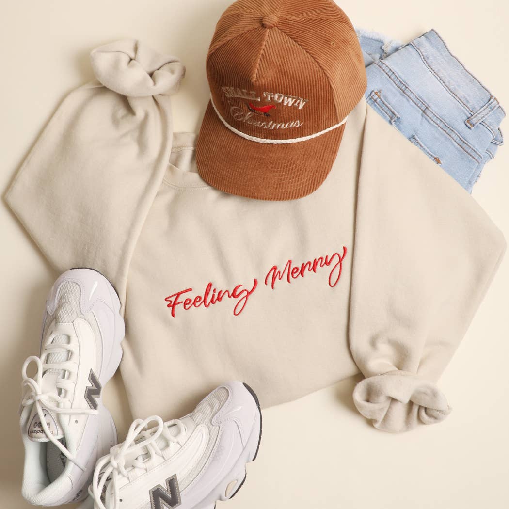 FEELING MERRY Embroidered Fleece Heavyweight Sweatshirt: SAND / M
