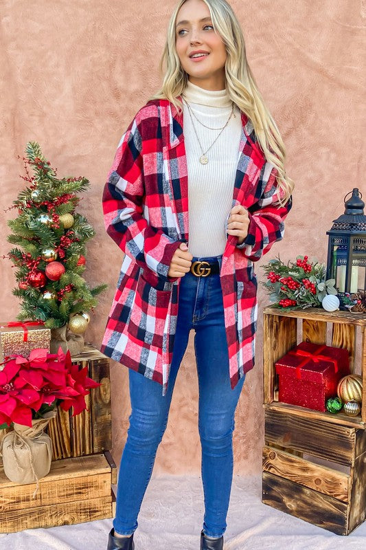 Red Riding Hooded Plaid Cardigan