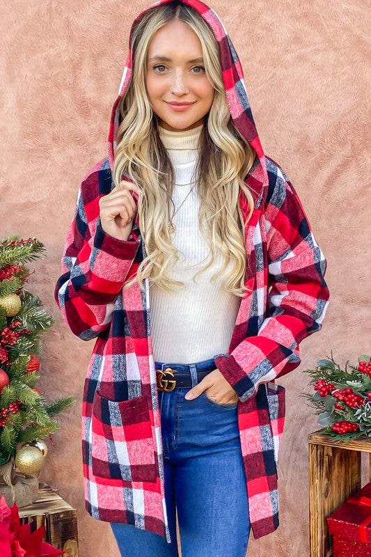 Red Riding Hooded Plaid Cardigan