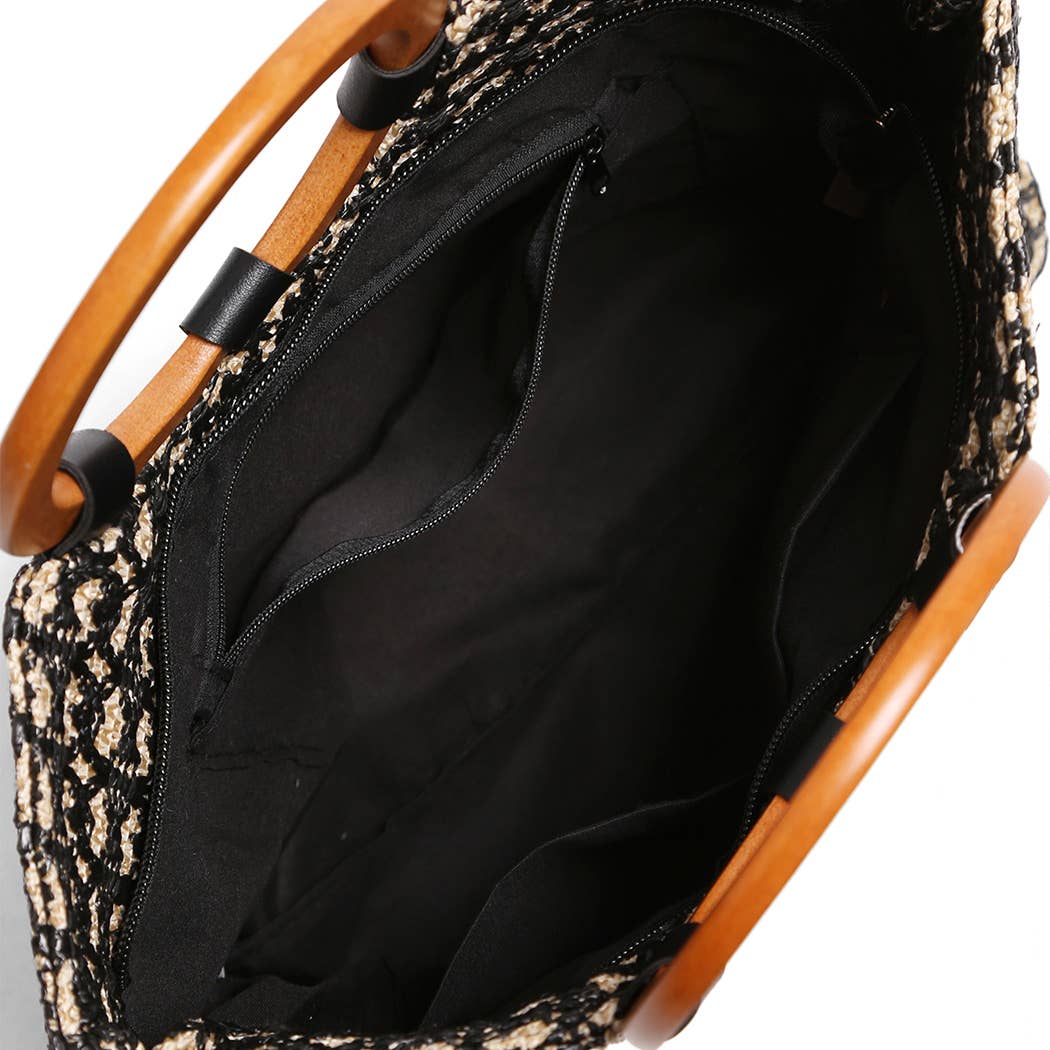 Wooden Round Handle Straw Tote Bag: Black / One Size