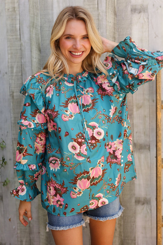 Find Love Aqua Satin Frill Neck Front Tie Ruffle Long Sleeve Bouse